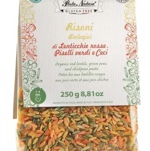Paste Risoni tricolore cu mazare, linte si naut 250g Pasta Natura